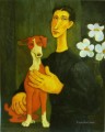 犬と花を持つ女性